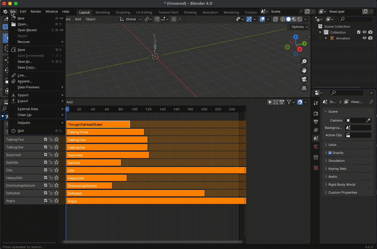 Export the animation package in glTF 2.0 format.