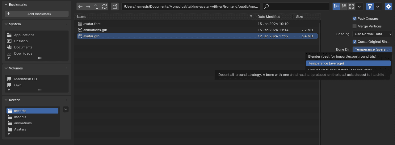 Establecer el parámetro Bone Dir en Temperance